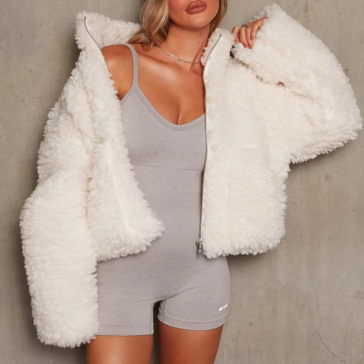 Women's cozy & warm velvety winter coat. Soft long-sleeve outerwear for cold weather, a fashionable jacket.