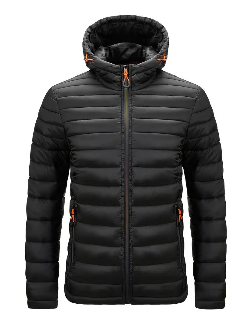Women's warm winter puffer jacket with hood in classic black, slim fit for cold weather.
