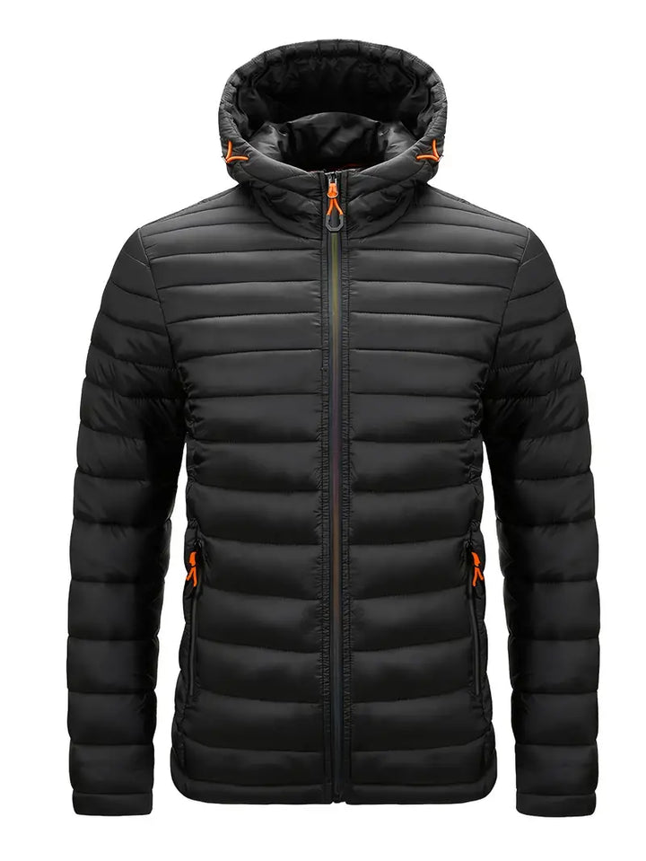 Women's warm winter puffer jacket with hood in classic black, slim fit for cold weather.
