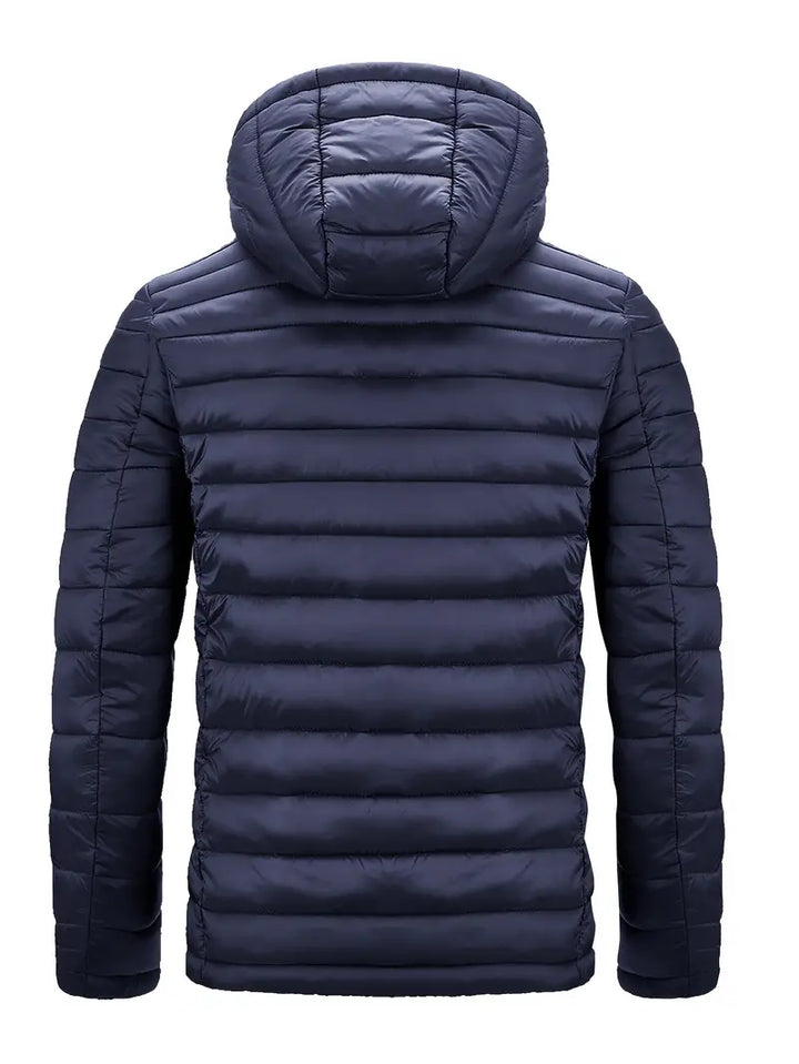 Everyday women's hooded puffer jacket, slim fit, warm and stylish for urban settings.