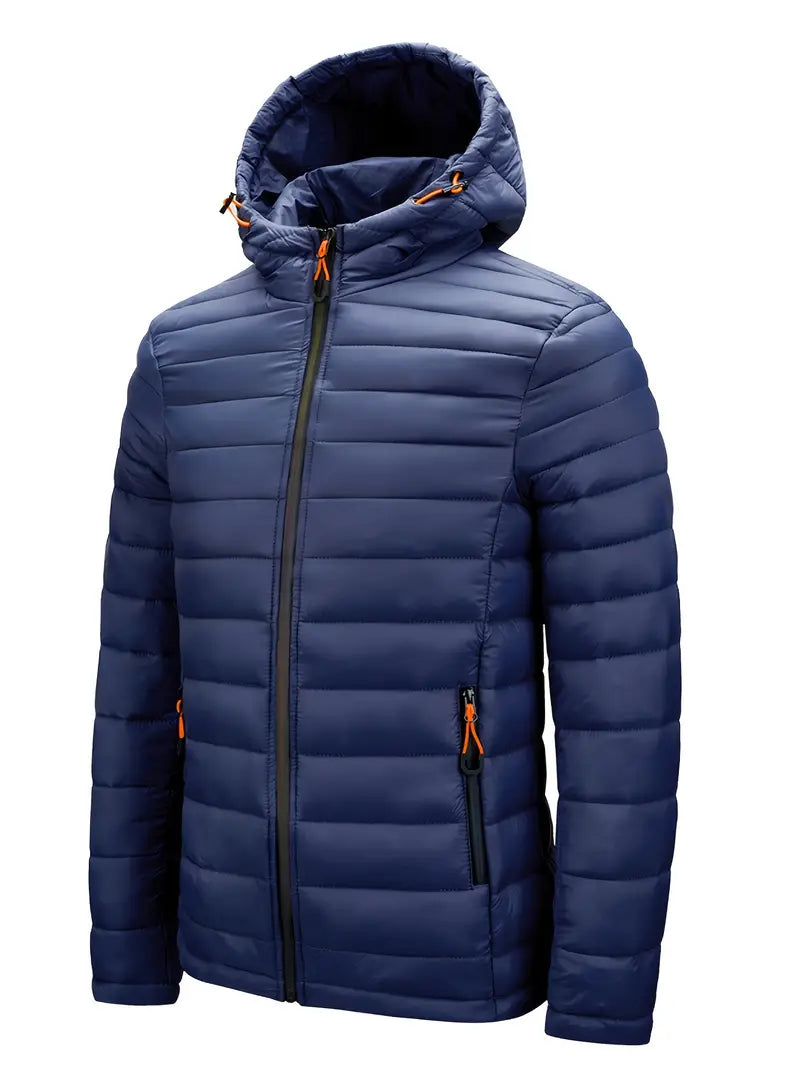 Women's elegant black winter puffer jacket with hood, expertly insulated for warmth.