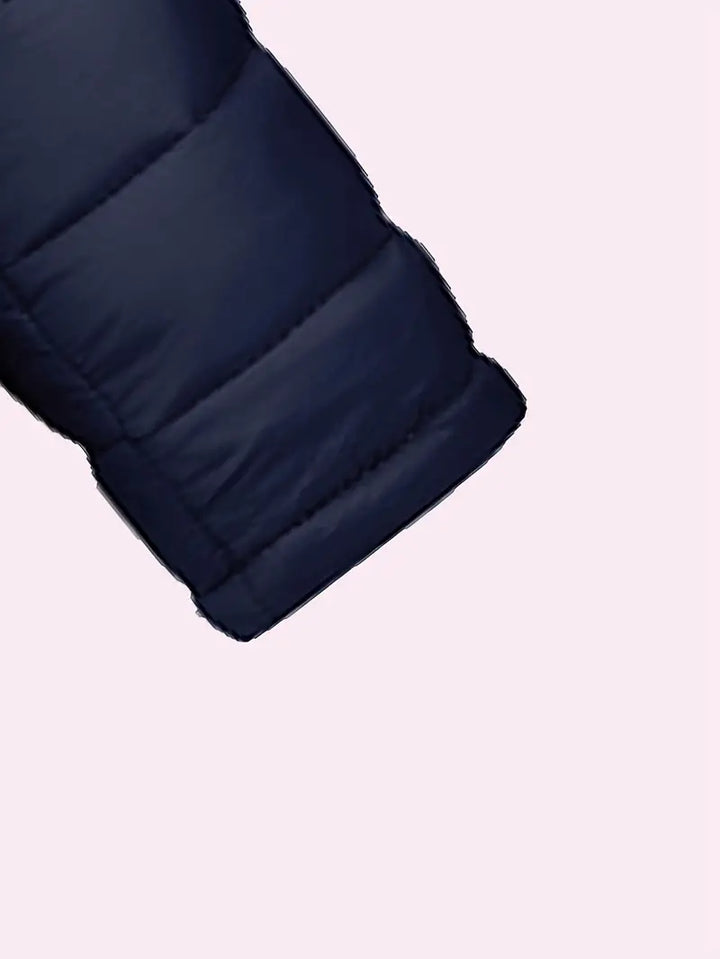 Women's insulated hooded puffer jacket in sleek navy, perfect for a sophisticated winter style.