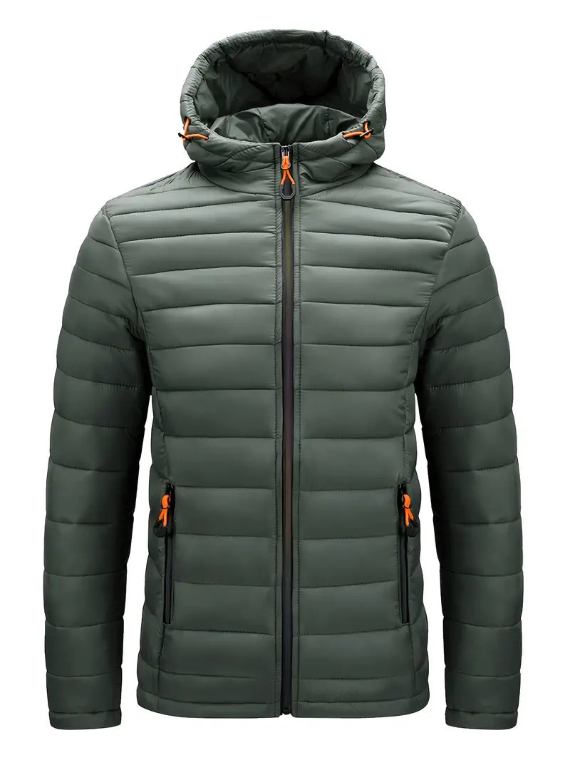 Warm women's winter jacket, puffer style with hood, suitable for snowy conditions.