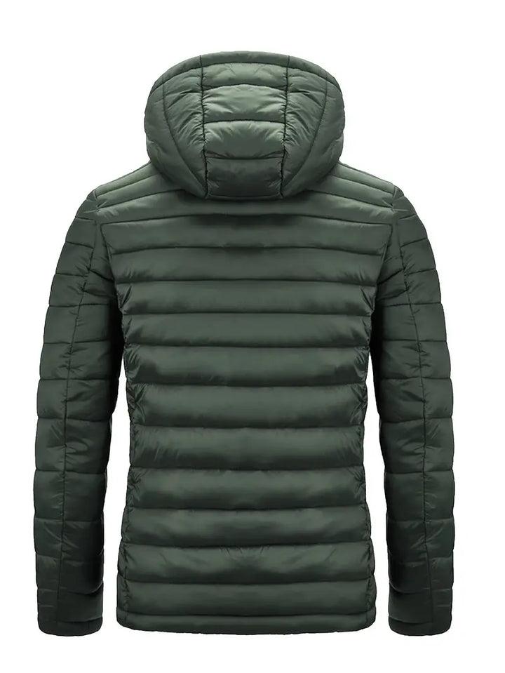 Women's hooded puffer coat, slim fit in dark grey, ideal for cold weather versatility.