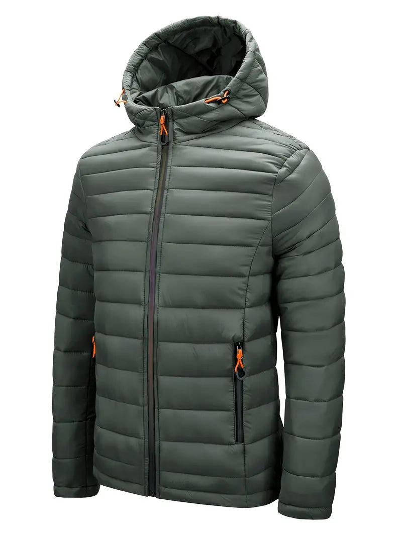Lightweight women's insulated puffer jacket with hood, perfect for travel and packing.
