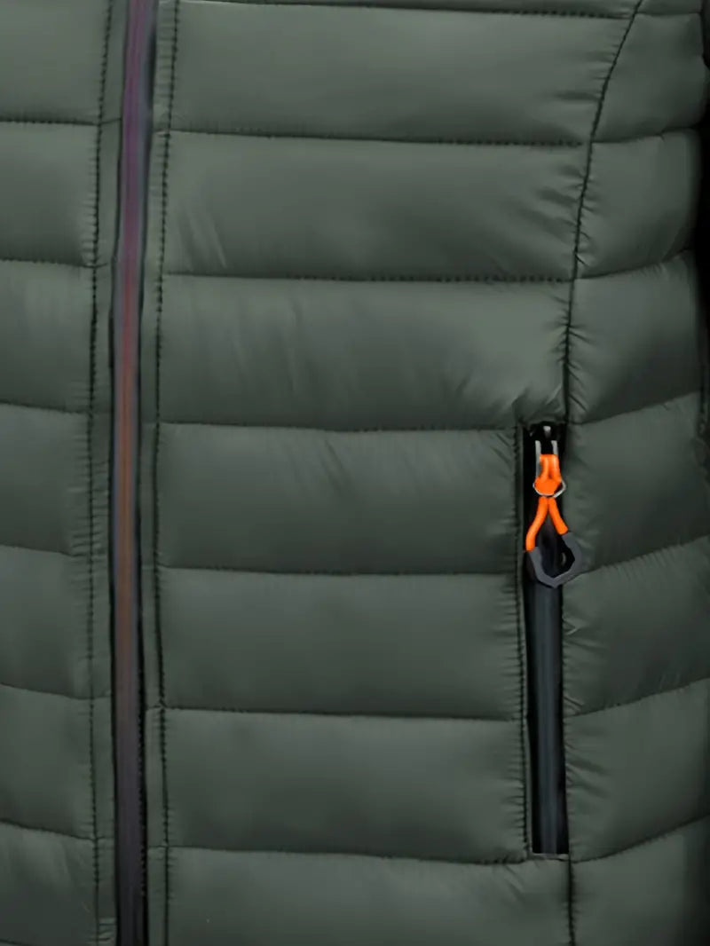 Stylish women's hooded puffer coat, side view, in navy for a complete winter look.