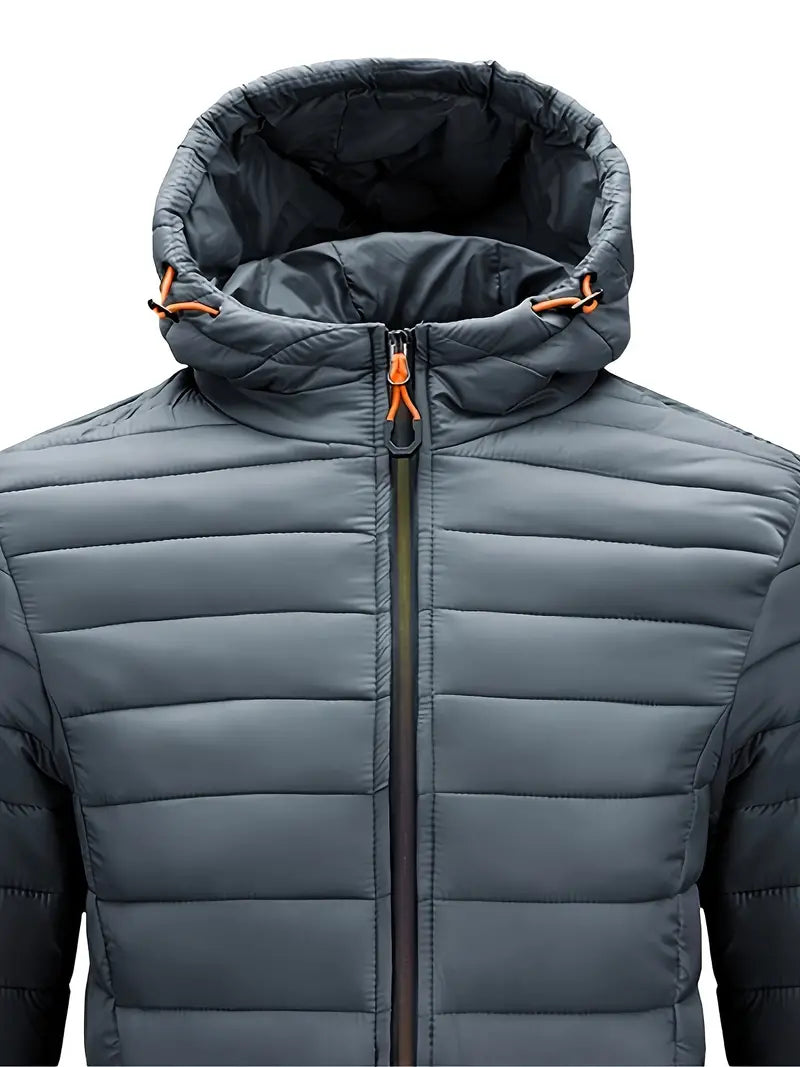 Women's everyday hooded puffer jacket, in a casual setting, grey, comfortable and chic.