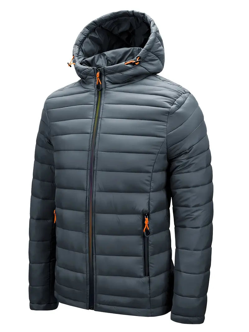 Active women's winter puffer jacket with hood, perfect for brisk walks and outdoor activities.
