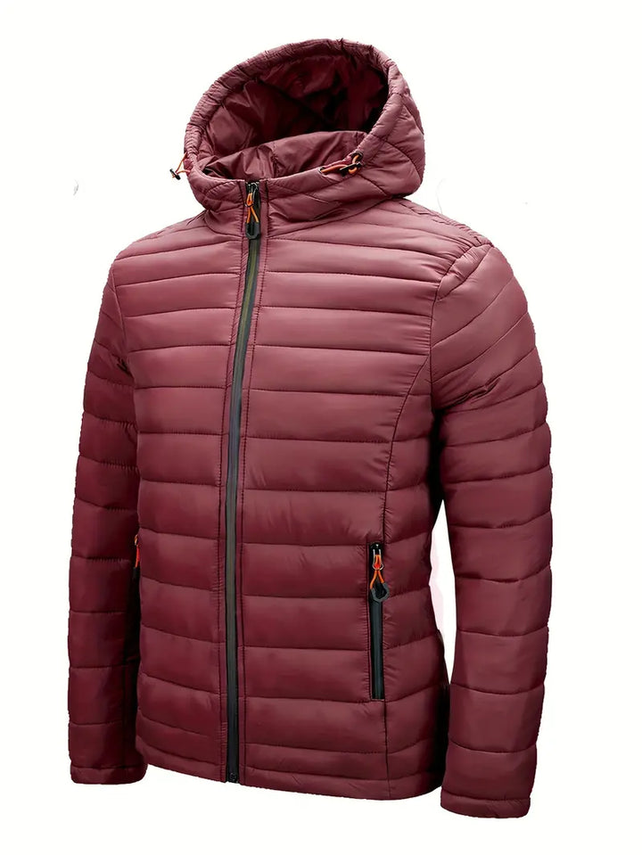 Women's warm winter puffer jacket with hood, displayed on a hanger, in a neutral beige.