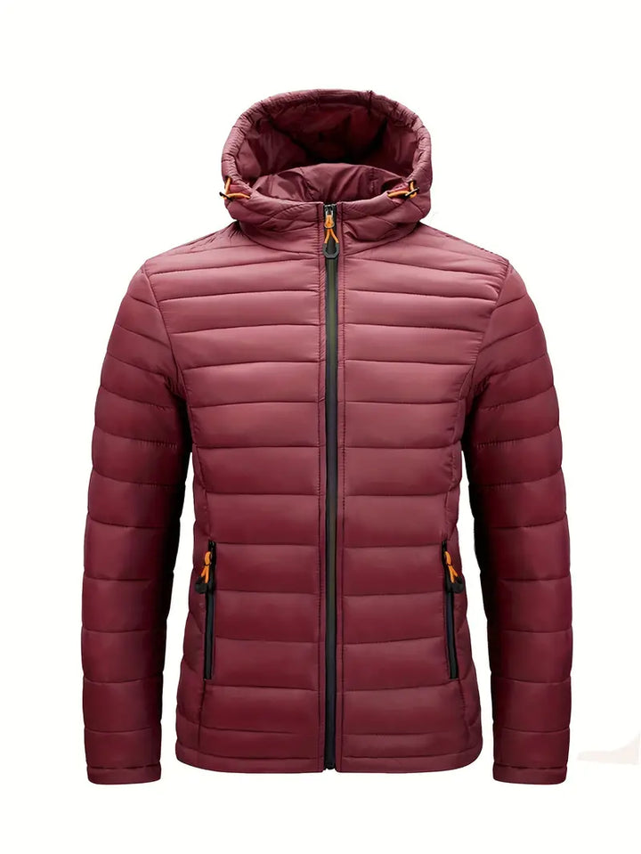Practical women's hooded puffer jacket, showing functional side pockets and design.
