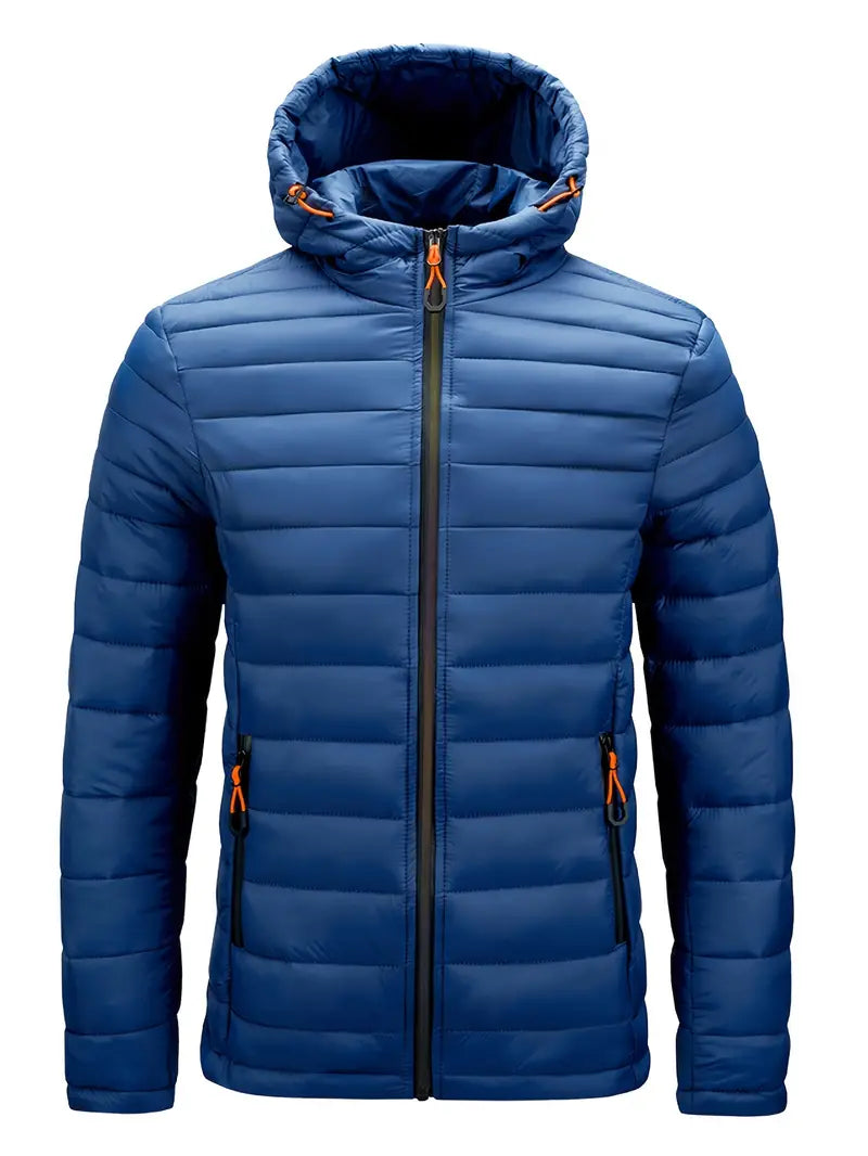 Women's hooded puffer jacket in navy, ensuring warmth for cold winter days, elegant design.