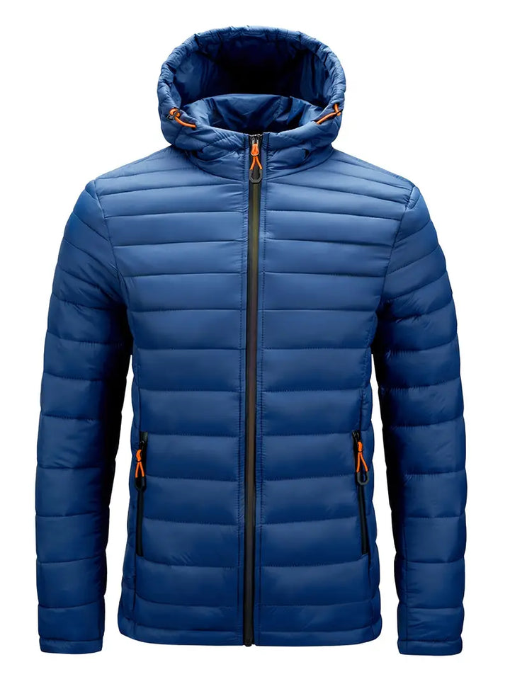 Women's hooded puffer jacket in navy, ensuring warmth for cold winter days, elegant design.