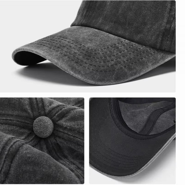 Distressed washed cotton baseball cap, women's vintage style, adjustable fit, comfy for any activity.