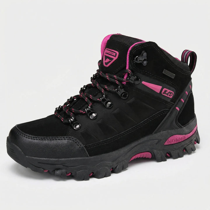 Women's water-repellent hiking boots on a scenic trail. Comfortable and supportive for outdoor adventures.