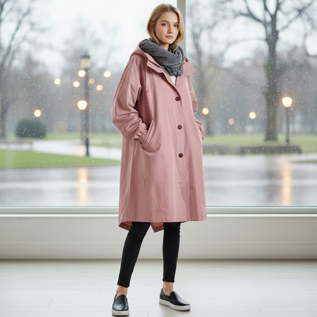 Women's water resistant hooded longline rain jacket for everyday weather protection.
