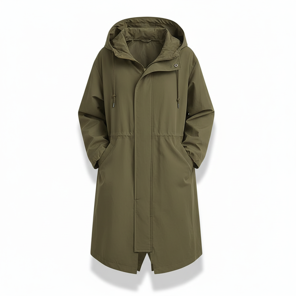 Sleek longline women's rain jacket with hood, water-resistant for stylish weather protection.