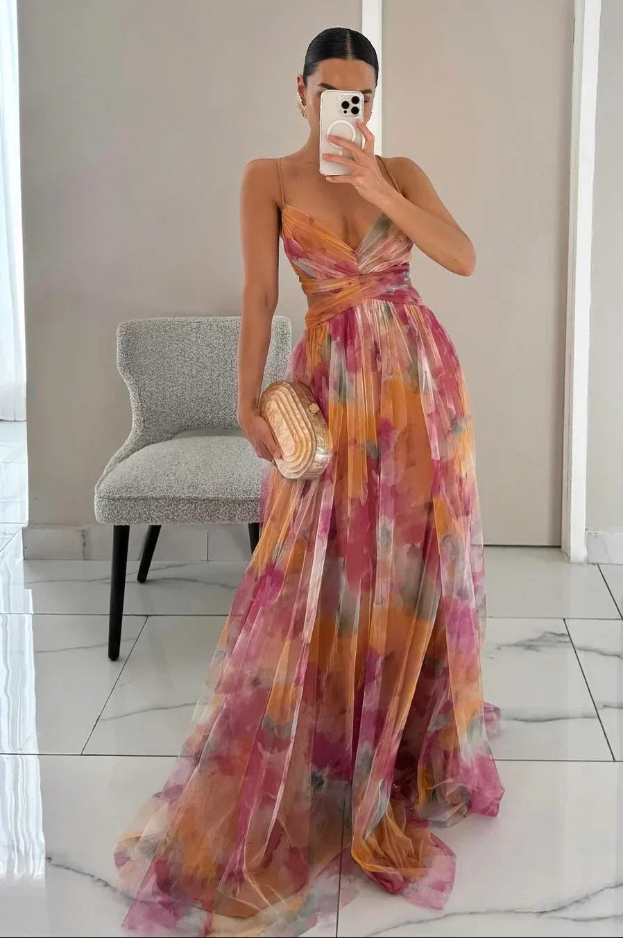 Women's watercolor floral maxi dress with elegant twist-front bodice, perfect for summer occasions & parties.