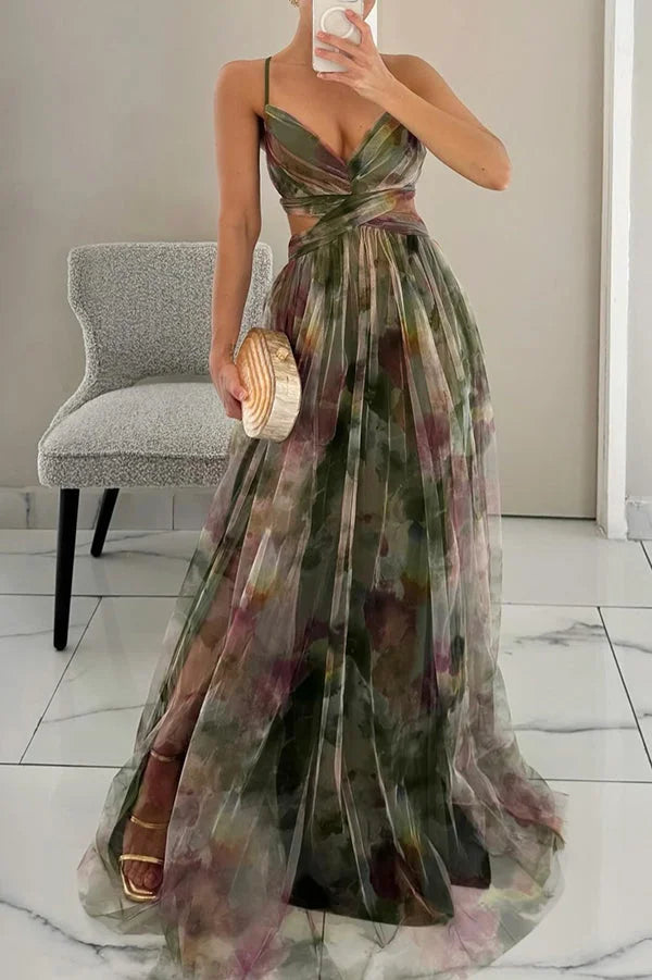 Chic women's watercolor floral maxi dress with twist front, an elegant occasion or wedding guest dress.