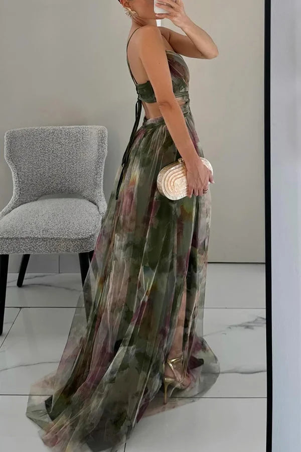 Vibrant watercolor floral maxi dress for women, featuring a flattering twist-front bodice for elegant events.