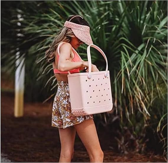 Women's waterproof beach basket bag with draining holes; sand free tote.