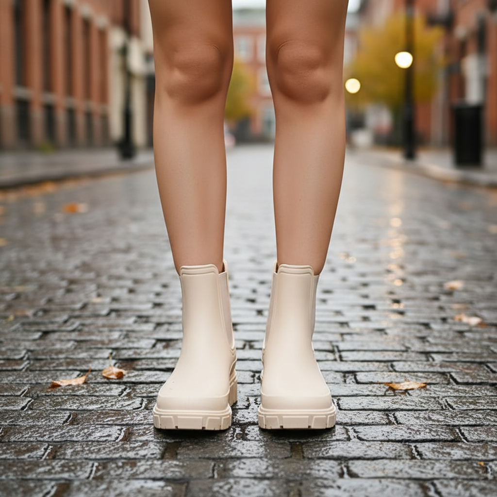 Women's waterproof black ankle rain boots, ideal for wet weather, non-slip sole.