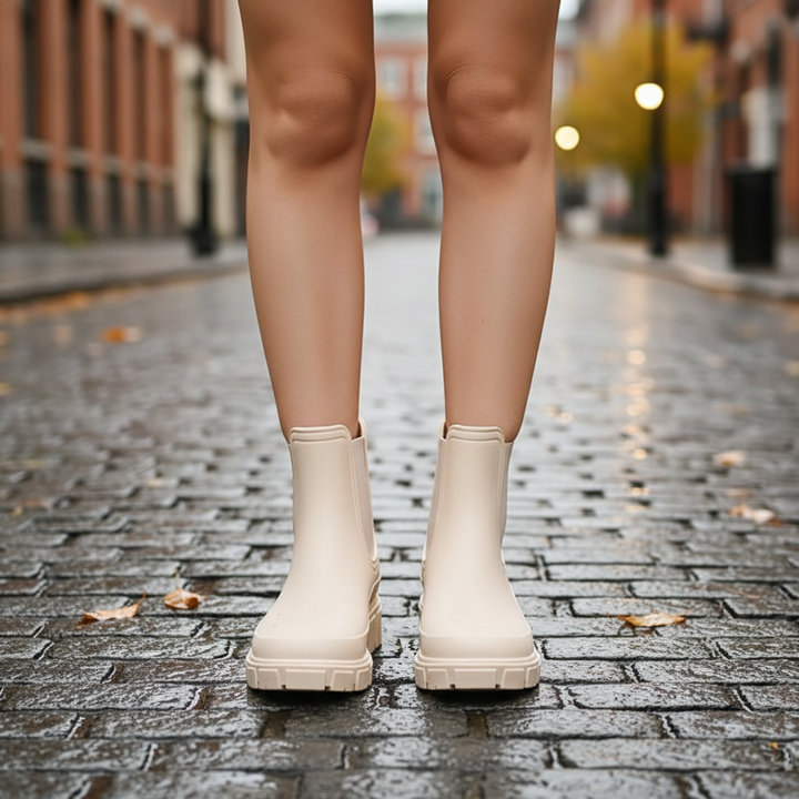 Women's waterproof black ankle rain boots, ideal for wet weather, non-slip sole.