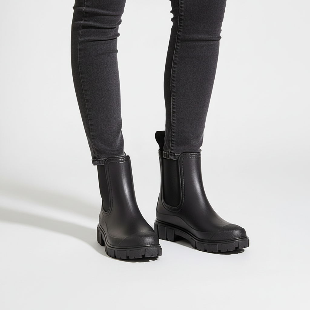 Women's black rain ankle boots with a non-slip grip, essential weatherproof footwear.