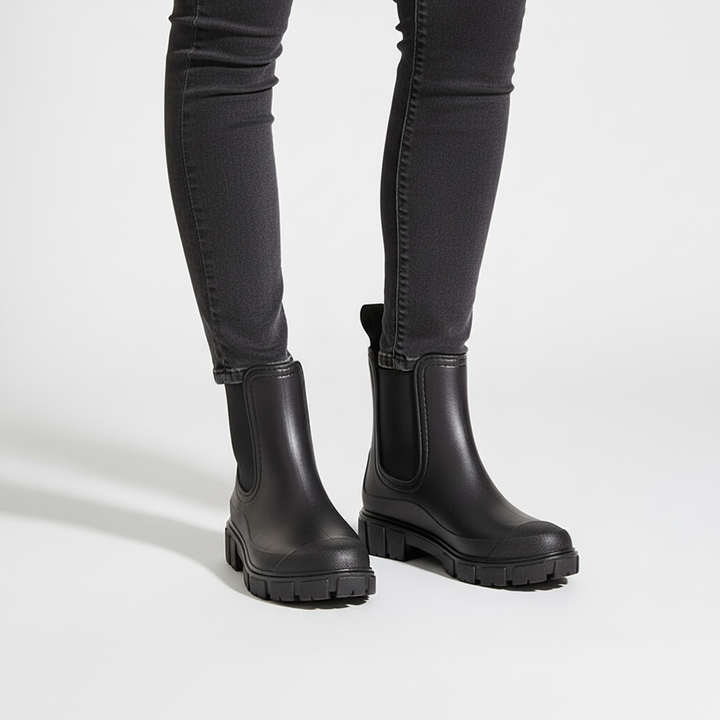 Women's black rain ankle boots with a non-slip grip, essential weatherproof footwear.