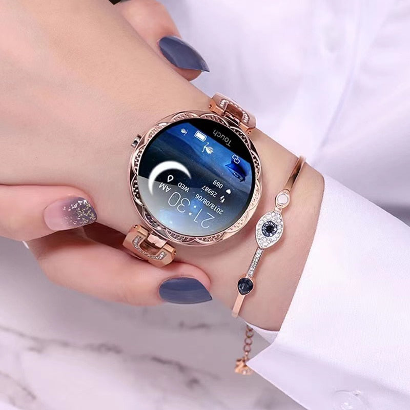 Women's waterproof fitness smartwatch for health tracking, heart rate, sleep, & activity monitor.