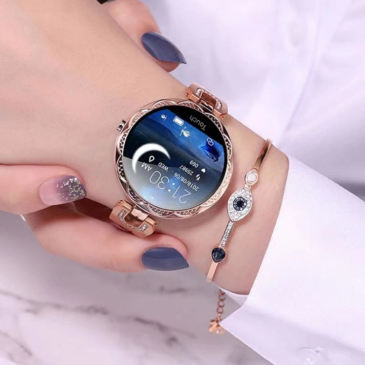 Women's waterproof fitness smartwatch for health tracking, heart rate, sleep, & activity monitor.