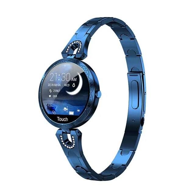 Elegant silver women's waterproof smartwatch. Fitness tracker with heart rate, sleep monitoring, & smart notifications.