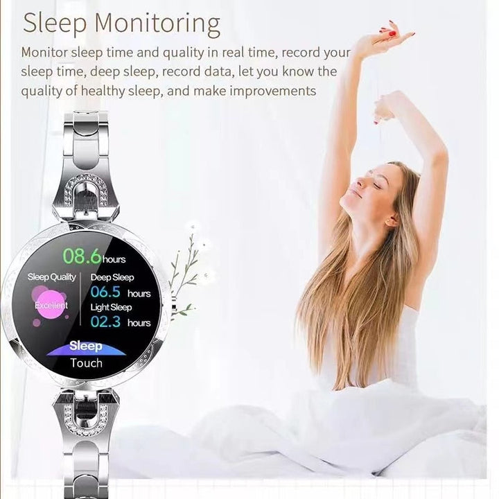 Women's waterproof activity tracker smartwatch. Monitors heart rate, sleep, and fitness for an active lifestyle.
