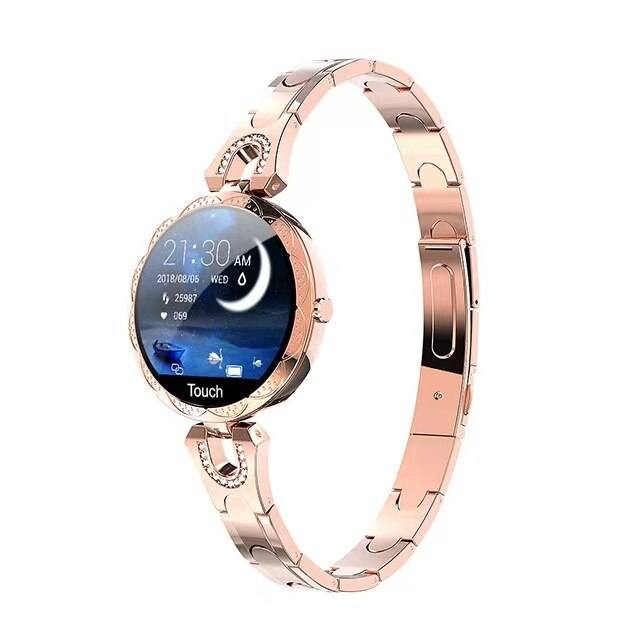 Women's waterproof fitness smartwatch in silver or gold. Tracks health, heart rate, sleep, and activities.