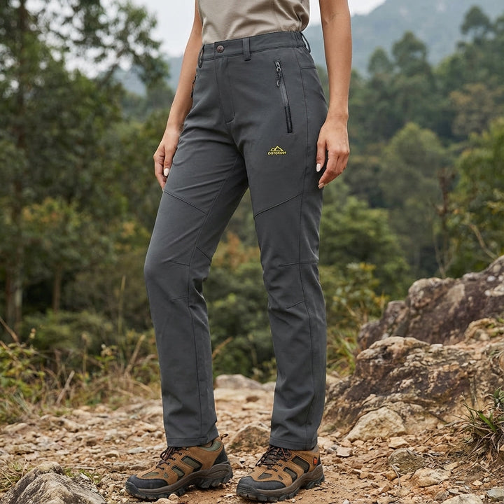 Women's waterproof fleece-lined outdoor trousers, black, for winter hiking & cold weather activewear