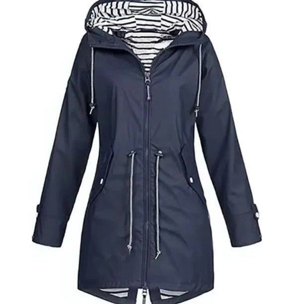 Women's waterproof hooded jacket. Lightweight, stylish rain jacket for outdoor adventures & casual wear.