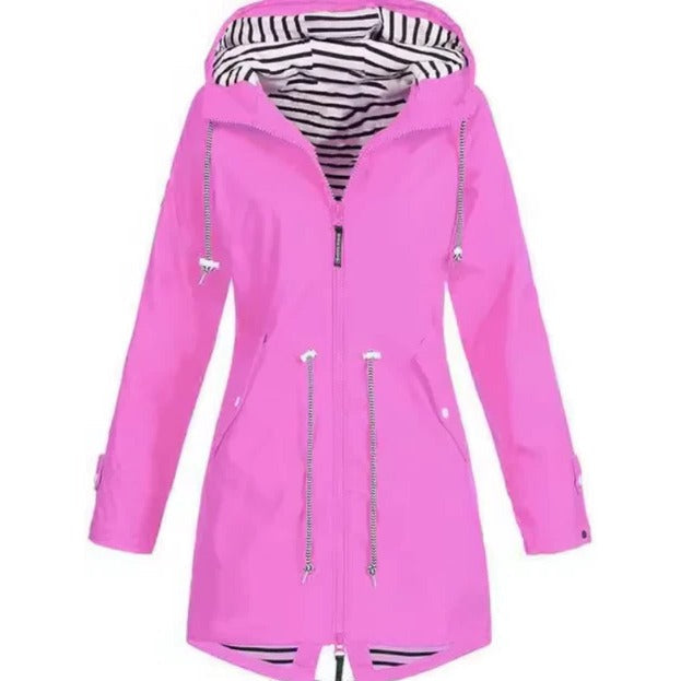 Women's casual waterproof jacket with hood. Comfortable & breathable for hiking, outdoor activities, and travel.