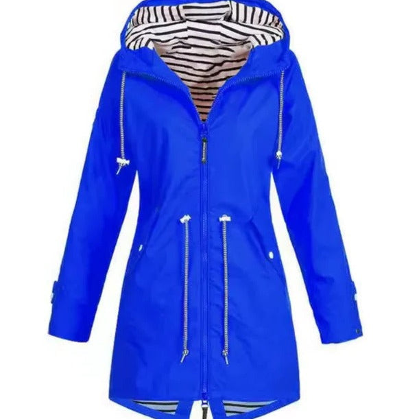 Modern women's waterproof hooded jacket. Designed for urban fashion & weather protection on rainy days.