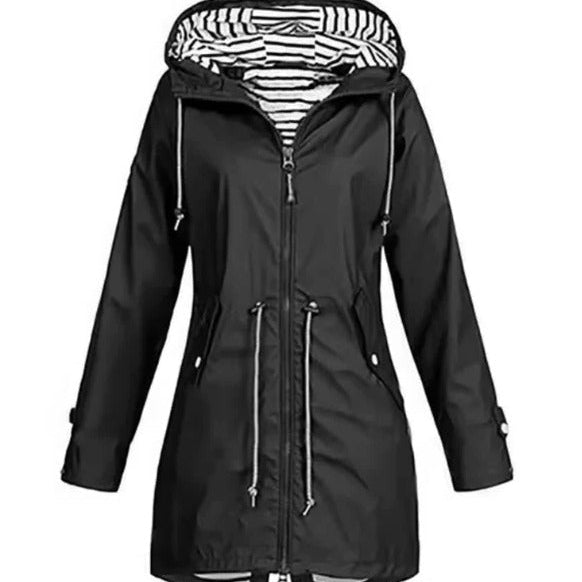Functional women's autumn rain jacket. Stylish waterproof hooded outerwear offering excellent weather resistance.
