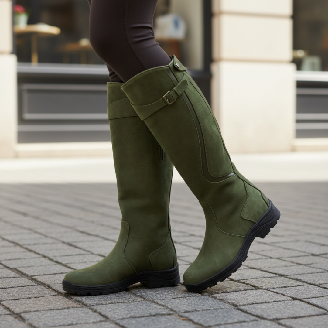 Close-up of waterproof women's knee-high boots showing textured material & sturdy lug sole for all weather.