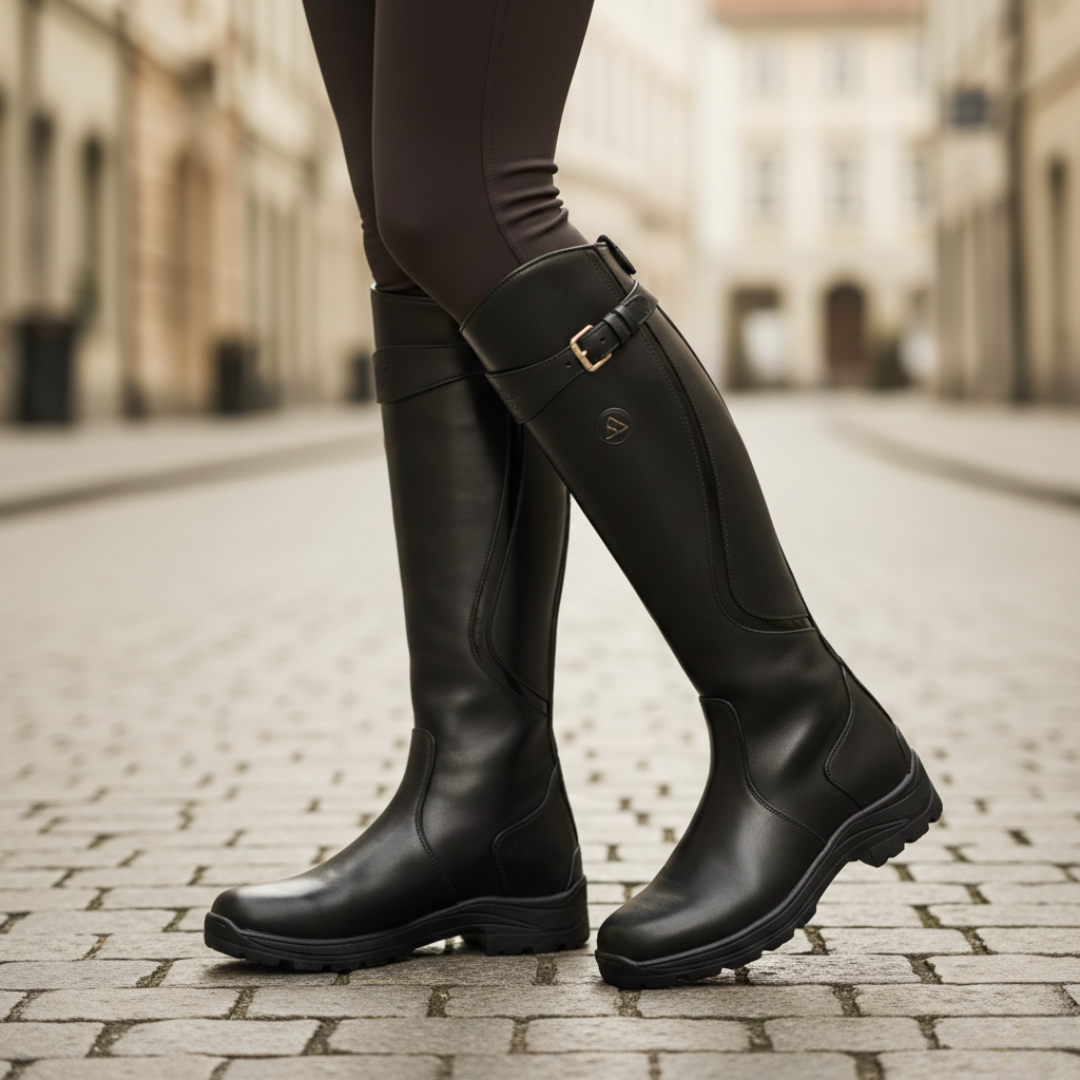 Woman wearing black knee-high waterproof boots with orthopedic support, perfect for comfort & style.