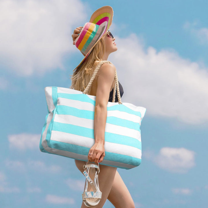 Elegant women's waterproof beach tote, spacious for family trips.