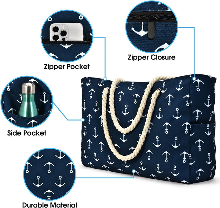 Women's waterproof large beach bag, durable for sand and water.