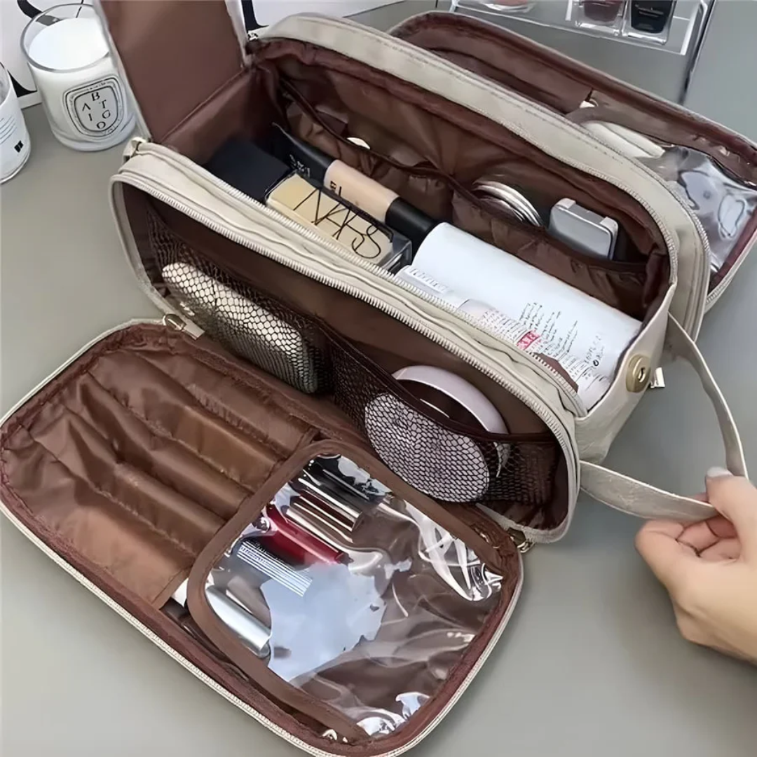 Portable beauty storage for women. Ideal travel organizer keeps cosmetics safe & dry with waterproof design.