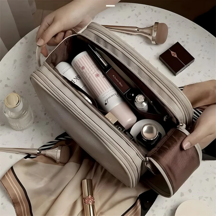 LuxeVault women's makeup travel organizer. Spacious, waterproof bag for cosmetics, brushes, & beauty accessories.
