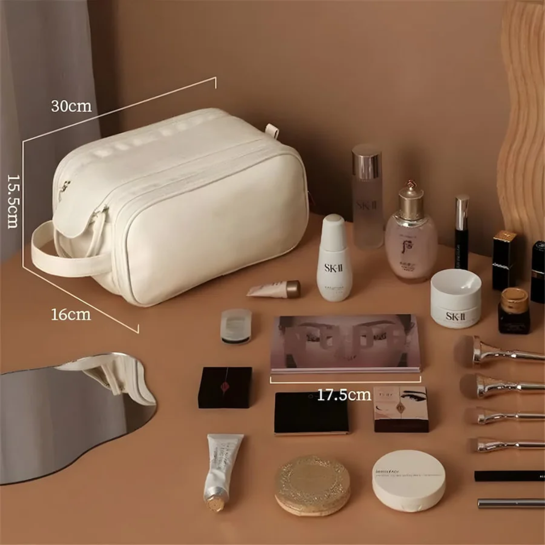 Compact & portable makeup travel organizer. Waterproof cosmetic bag ensures secure beauty storage for women's trips.