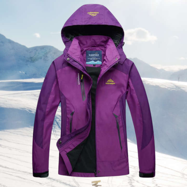 Women's waterproof outdoor shell jacket in a vibrant color, ideal for hiking and all-weather adventures.