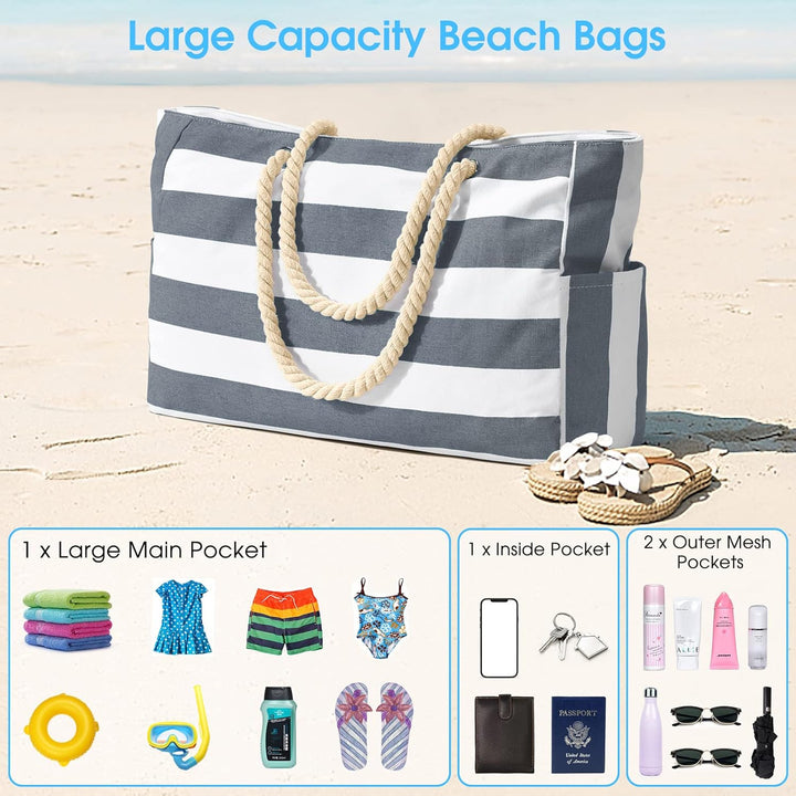 Waterproof beach bag for women, large multi-pocket design, keeps sand out and items dry