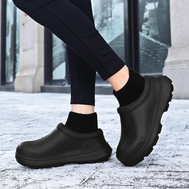 Women's Madeline waterproof clogs with knit cuff on a foot, showcasing comfortable, casual style.