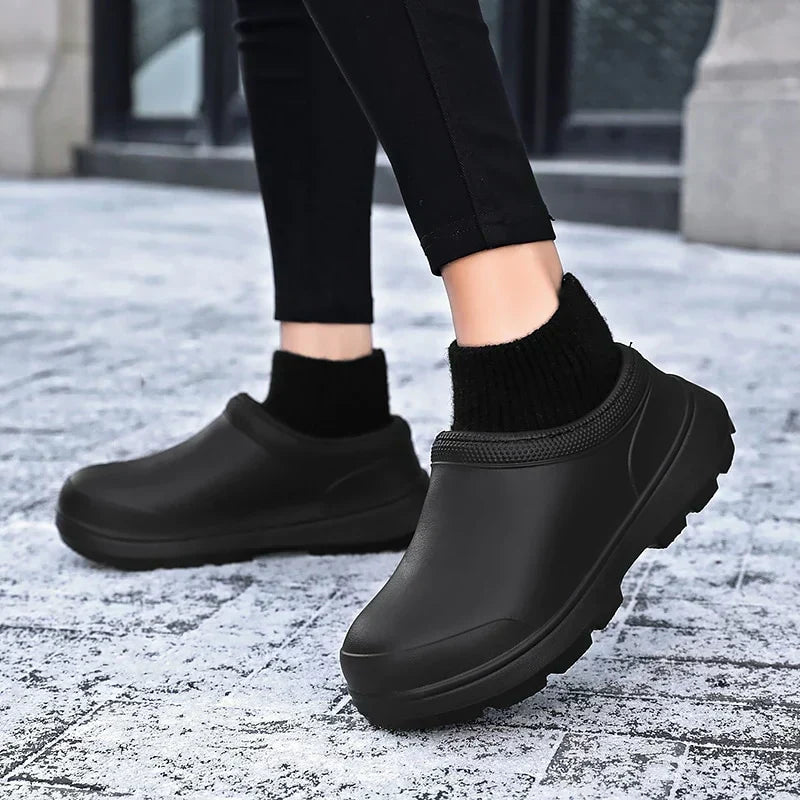 Versatile women's waterproof slip-on clogs with knit ankle cuff, perfect for everyday wear.