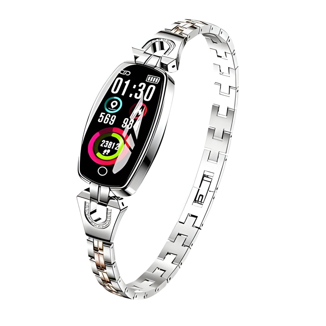 Women's waterproof smart fitness bracelet with heart rate & BP monitor. Activity tracker.